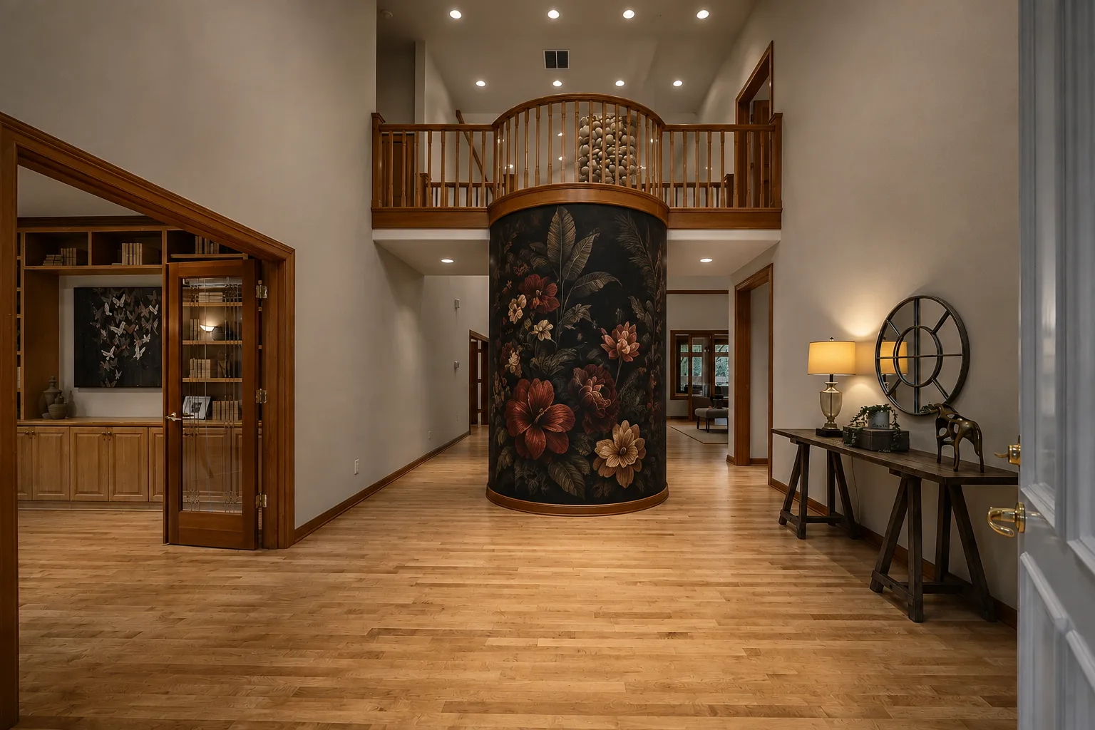 A two-storey entry hall with warm white walls, a curved gallery balcony above, a round column wrapped in a dark floral mural, maple floors, and stained wood French doors opening into a library.